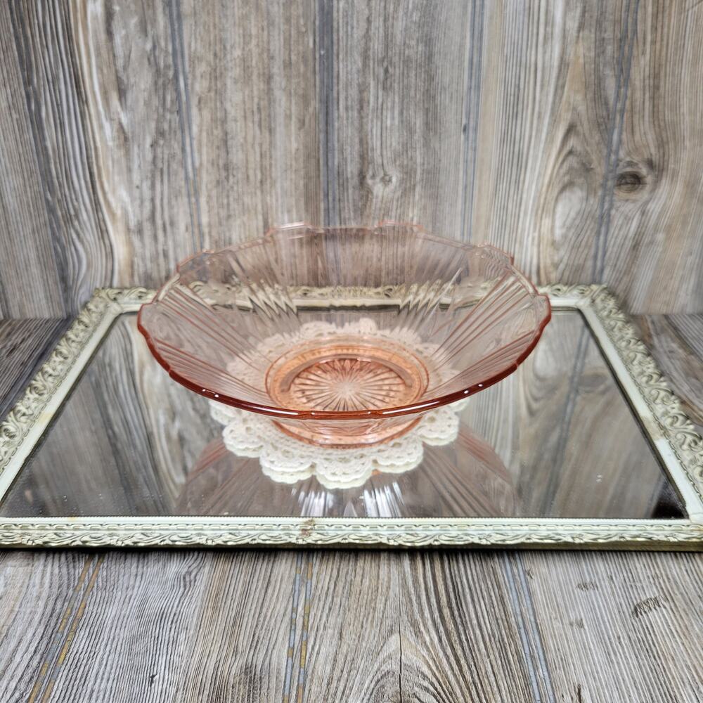 Vintage Pink Depression Glass Bowl, Ribbed Panel Etched Flower